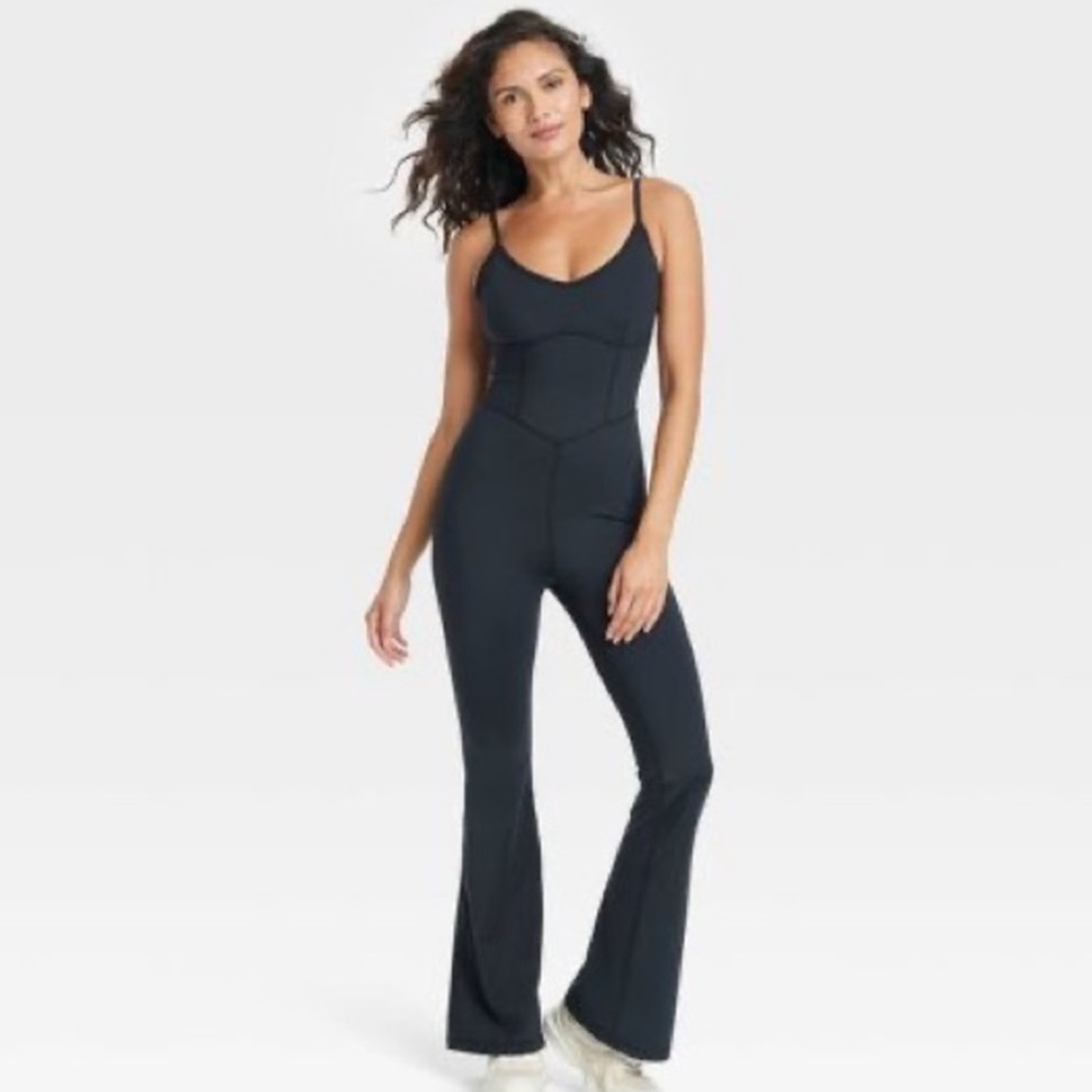 JOYLAB Black Corset Flare Bodysuit - Athleisure Jumpsuit Workout Yoga Gym